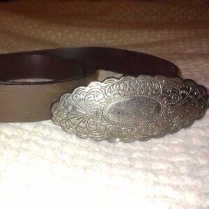 Cobalt Brown Leather Western Belt Silver-Tone Buckle 37” Y2K Rodeo Cowgirl